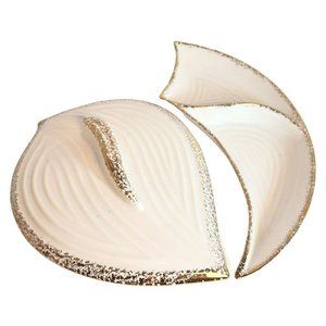 60s Art Pottery California USA White Gold Trim Swirl Divided Dish & Covered Dish